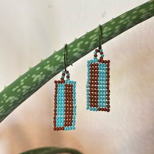 Handcrafted Beaded Earrings - Turquoise and Brown